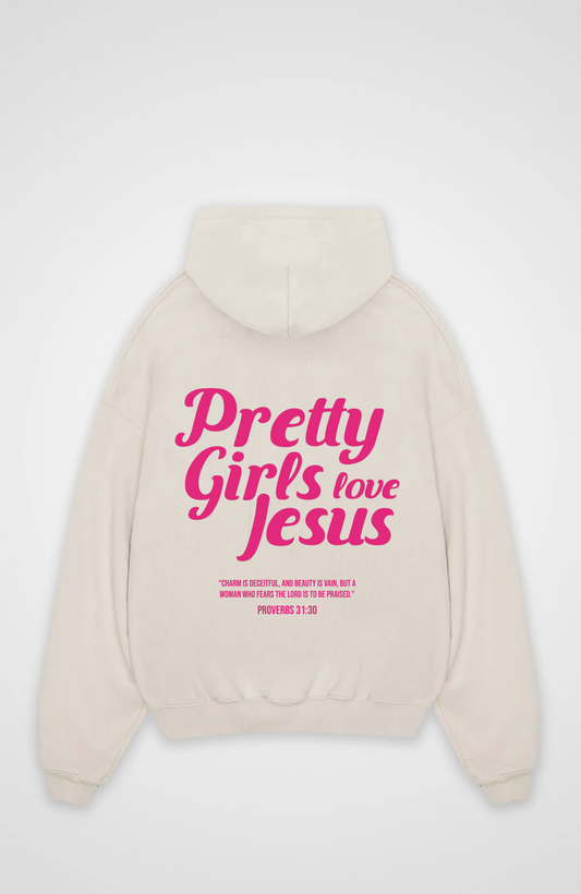 Pretty Girls love Jesus Oversized Hoodie - Beige Back (Designed)